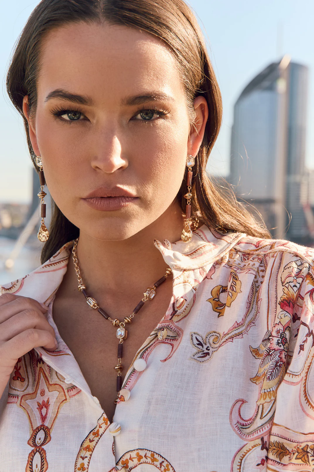 Adorne Mixed Materials Y Drop Necklace - Choc Pink AND2691