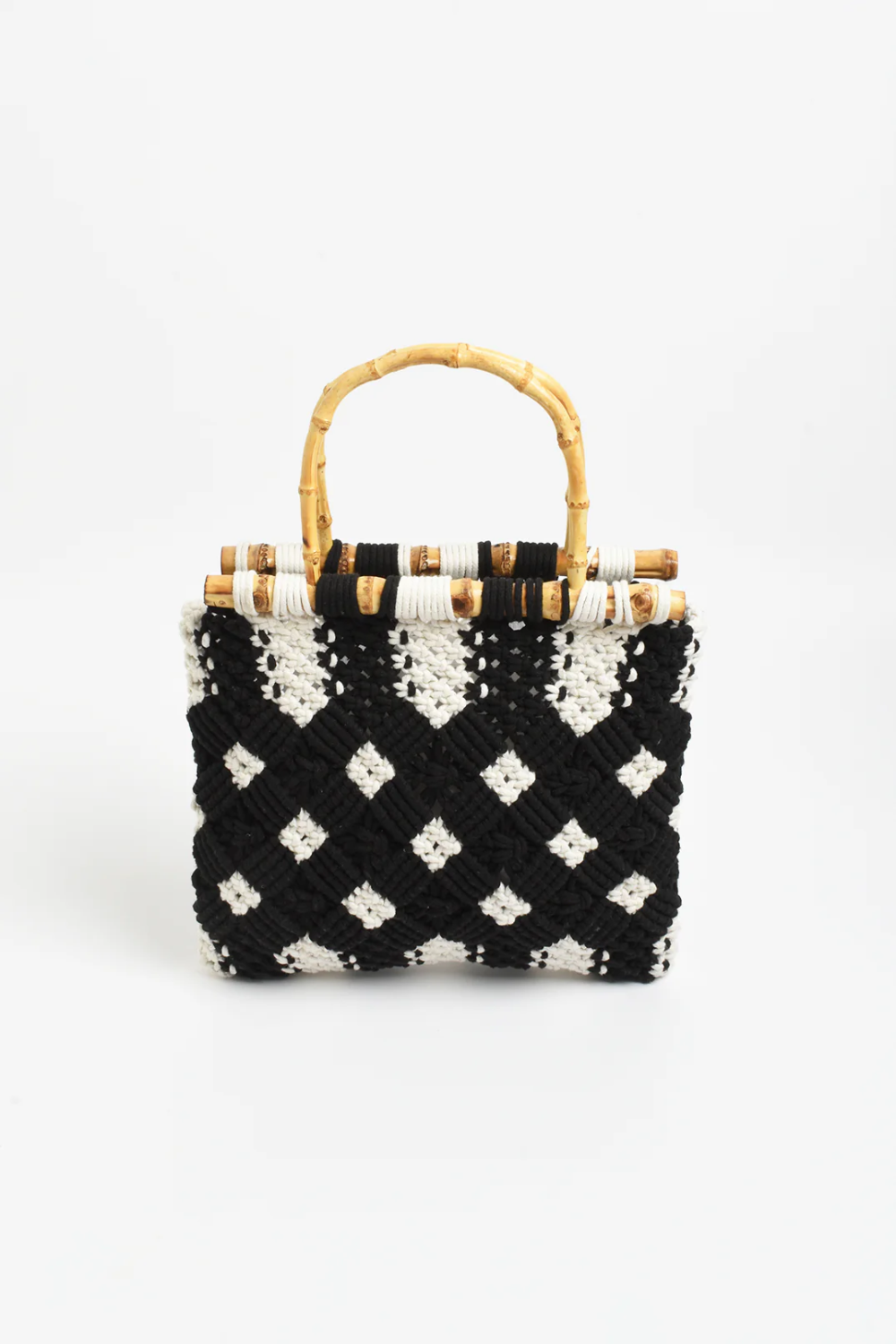 Adorne Brittney Crochet Bamboo Handle Bag - Black/Cream AXD1952