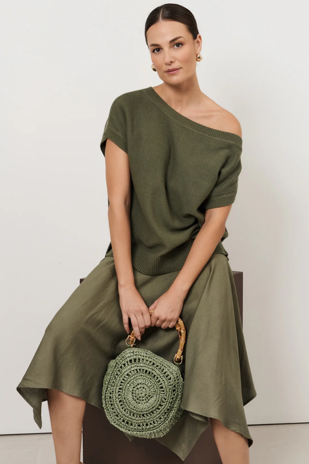 Adorne Gina Round Woven Handbag - Khaki AXD1931KHAK