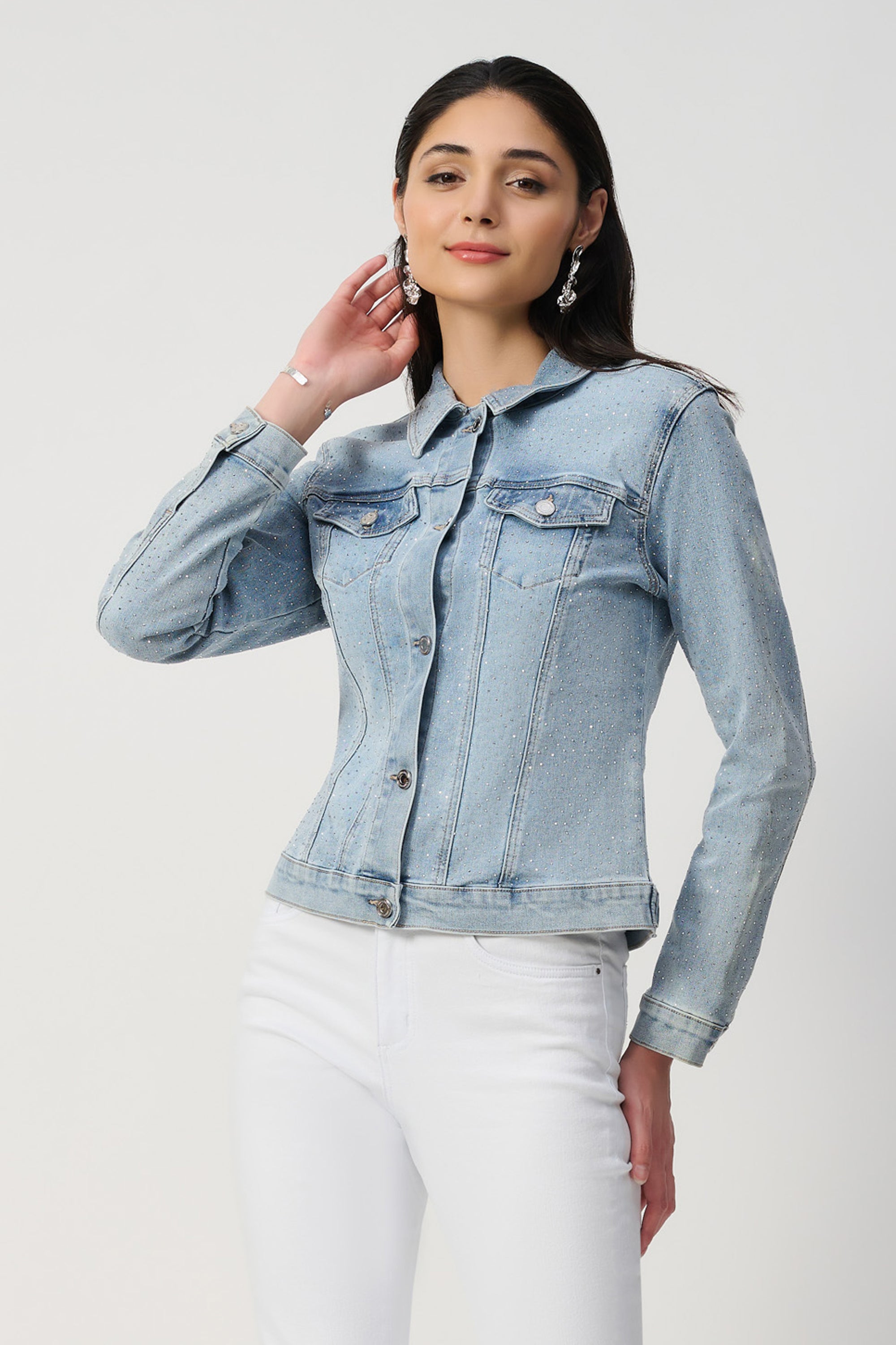 Joseph Ribkoff Fitted Denim Jacket With Allover Rhinestones 241914