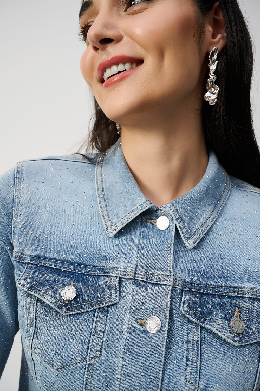 Joseph Ribkoff Fitted Denim Jacket With Allover Rhinestones 241914
