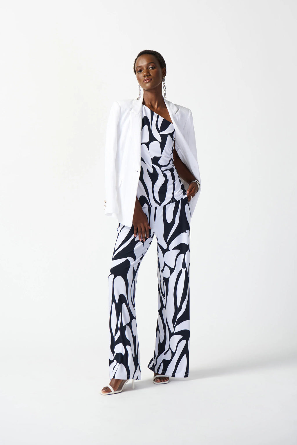 Joseph Ribkoff Silky Knit Geometric Print One Shoulder Top 242108