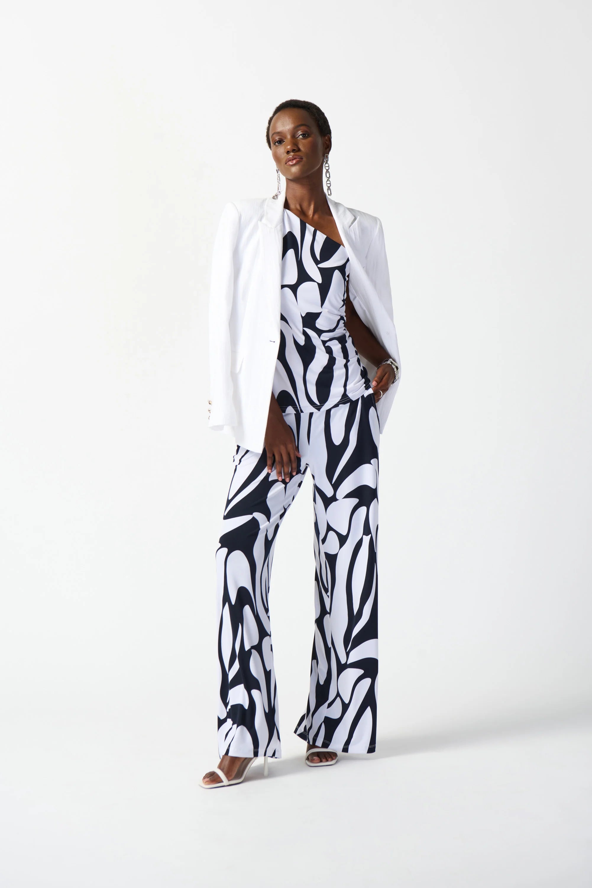 Joseph Ribkoff Silky Knit Geometric Print One Shoulder Top 242108