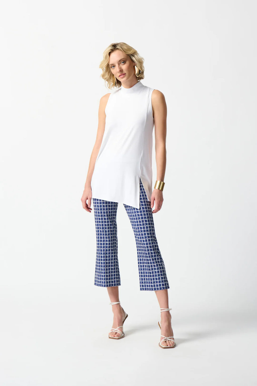 Joseph Ribkoff White/Blue Geometric Print Flare Pants 242137