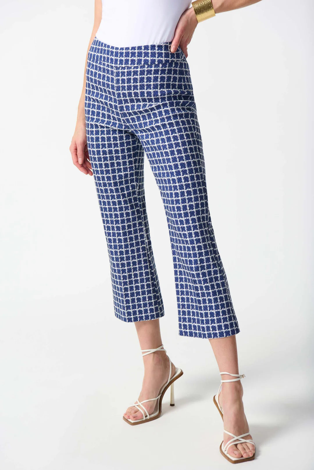 Joseph Ribkoff White/Blue Geometric Print Flare Pants 242137