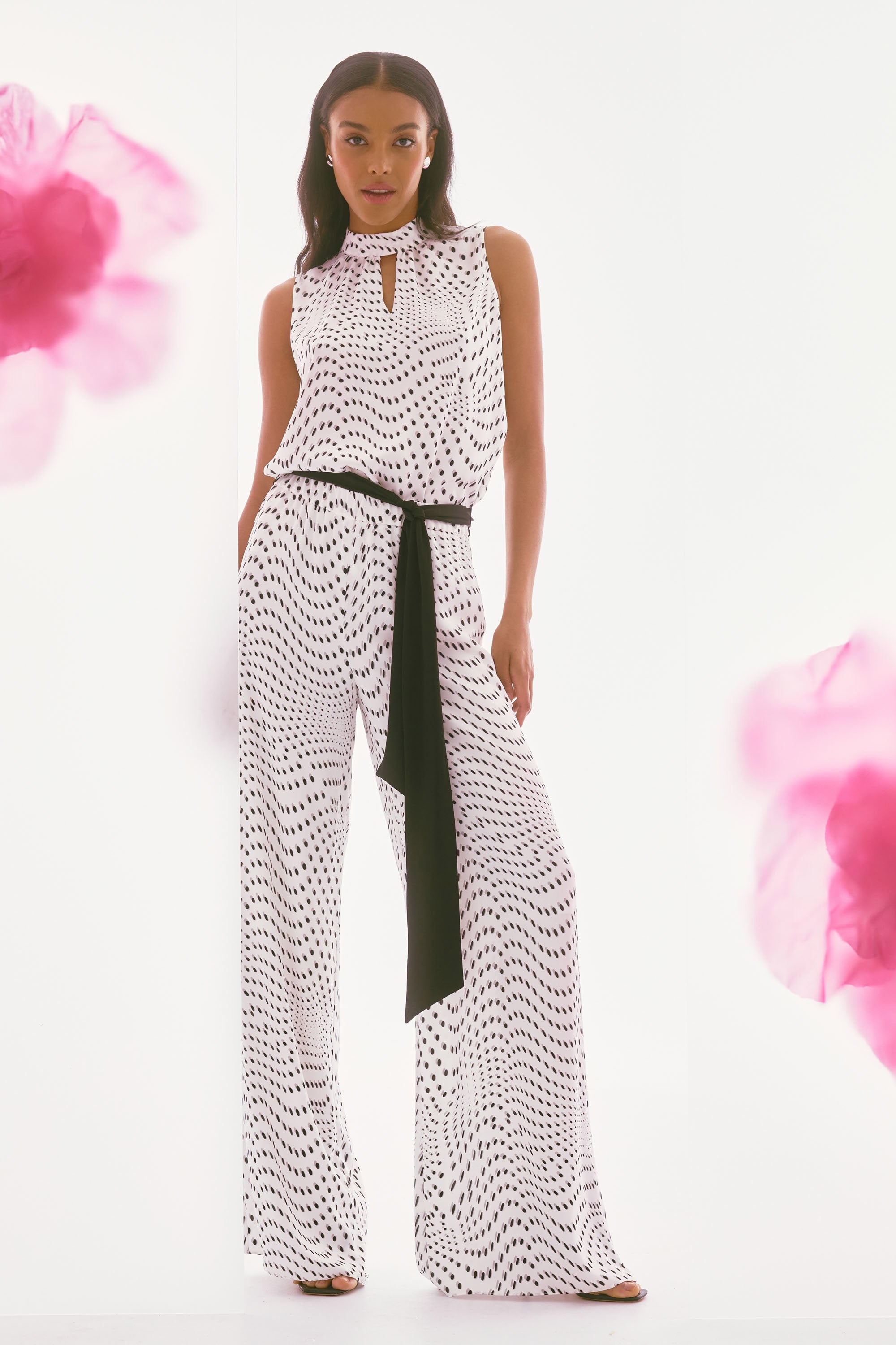 Joseph Ribkoff Signature | Satin Dot Print Belted Wide Leg Pants 251747