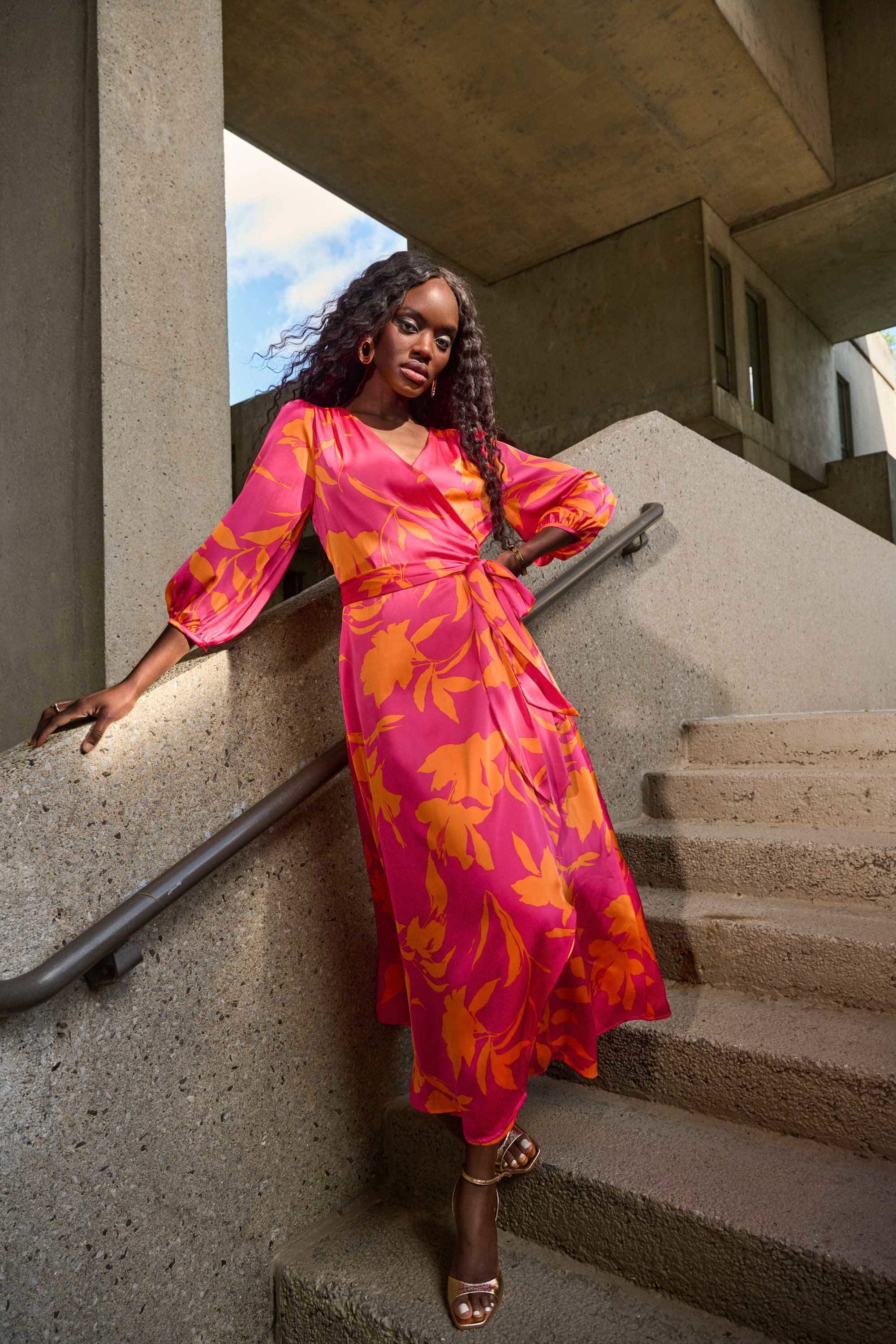 Joseph Ribkoff Satin Floral Print Wrap Dress 251906
