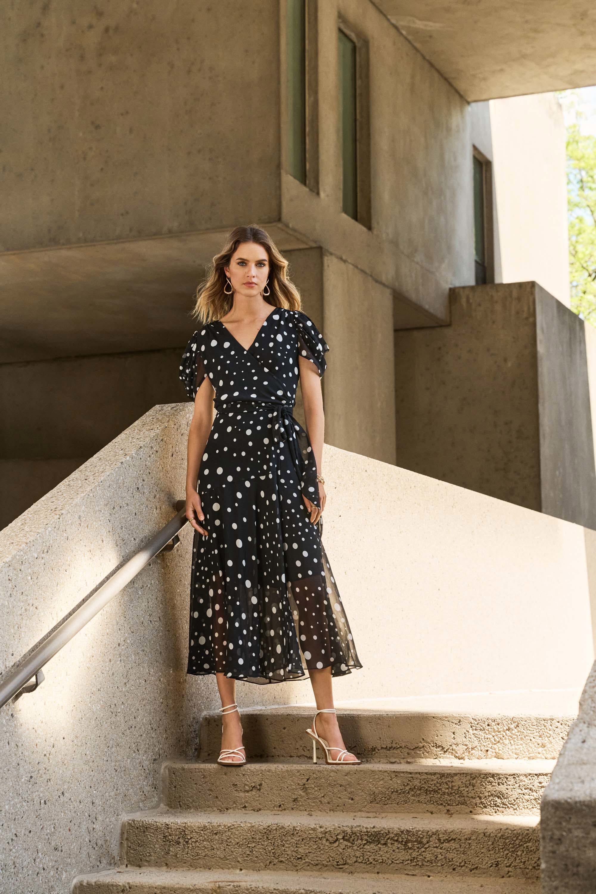 Joseph Ribkoff Chiffon Dot Print Wrap Dress 251907