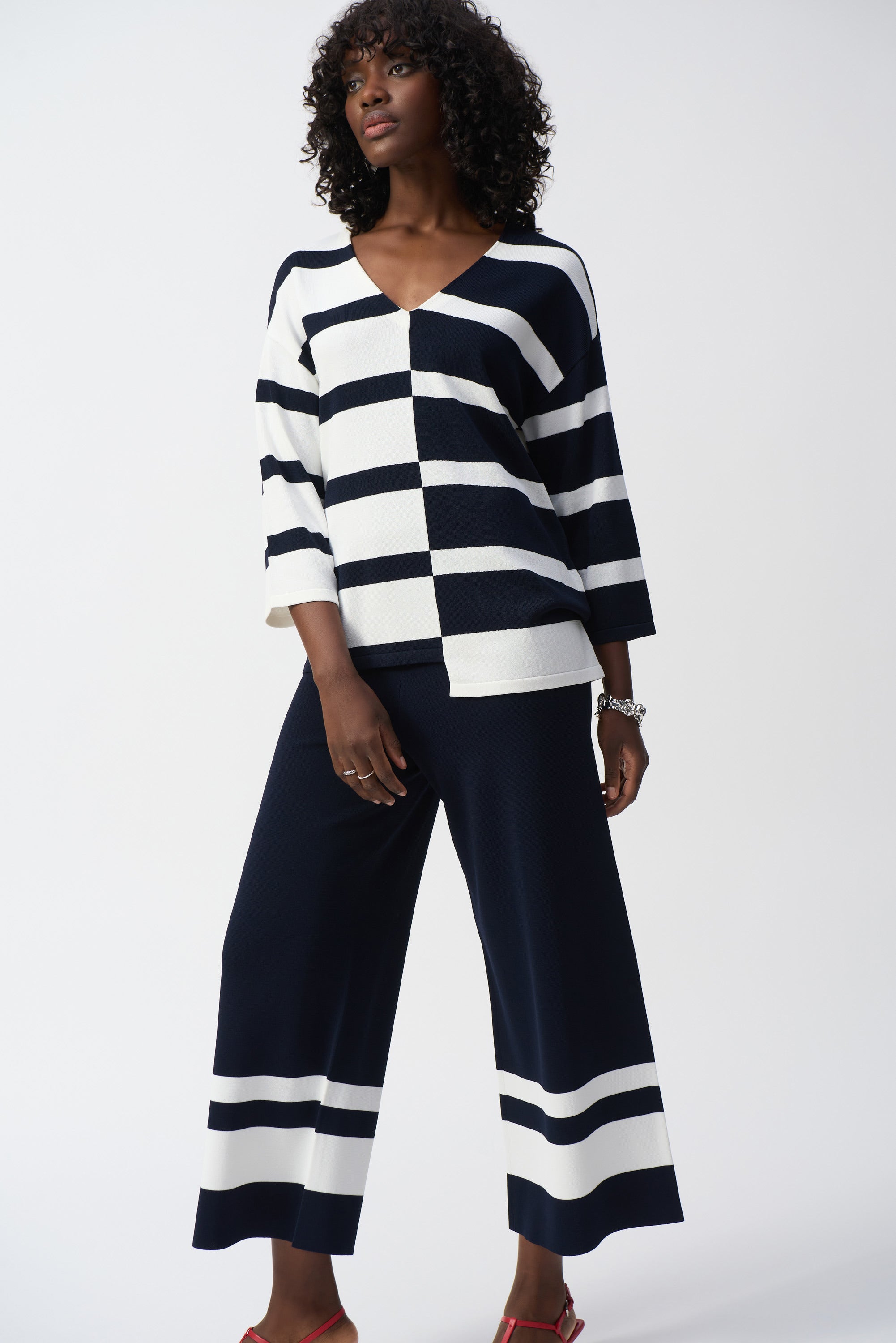 Joseph Ribkoff Striped Sweater Knit V-Neck Pullover 251914