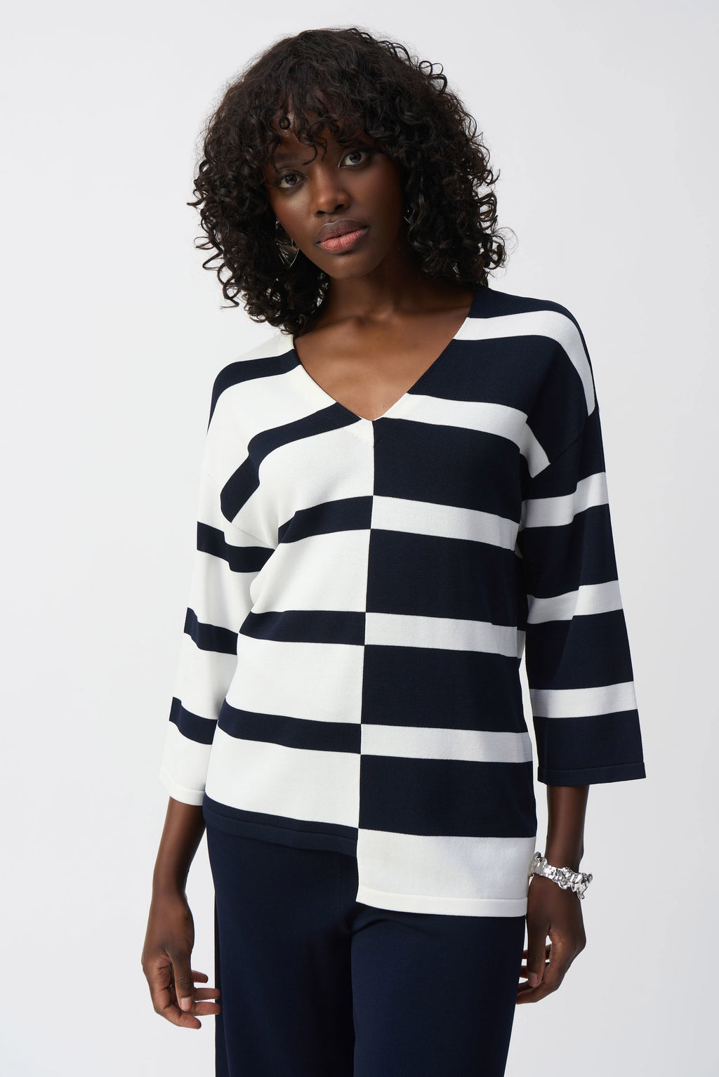 Joseph Ribkoff Striped Sweater Knit V-Neck Pullover 251914