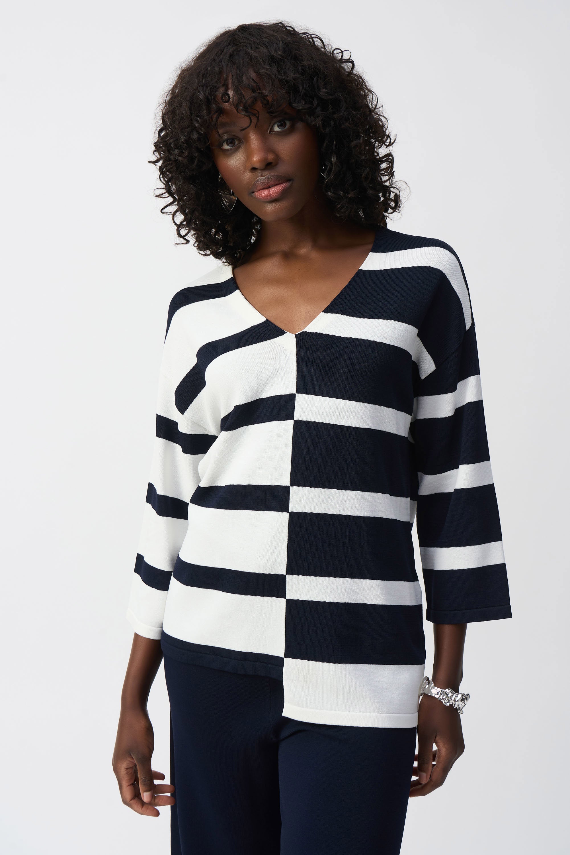 Joseph Ribkoff Striped Sweater Knit V-Neck Pullover 251914