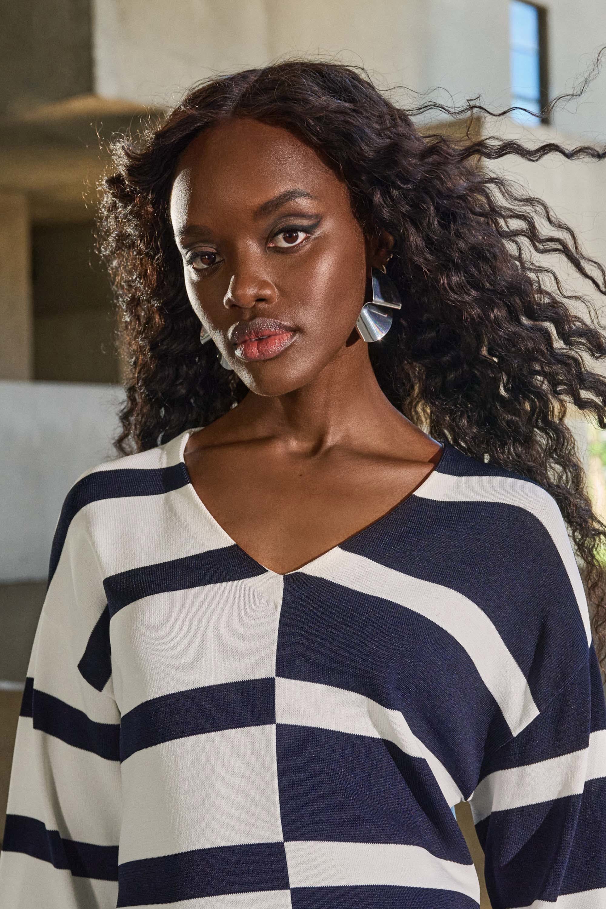 Joseph Ribkoff Striped Sweater Knit V-Neck Pullover 251914