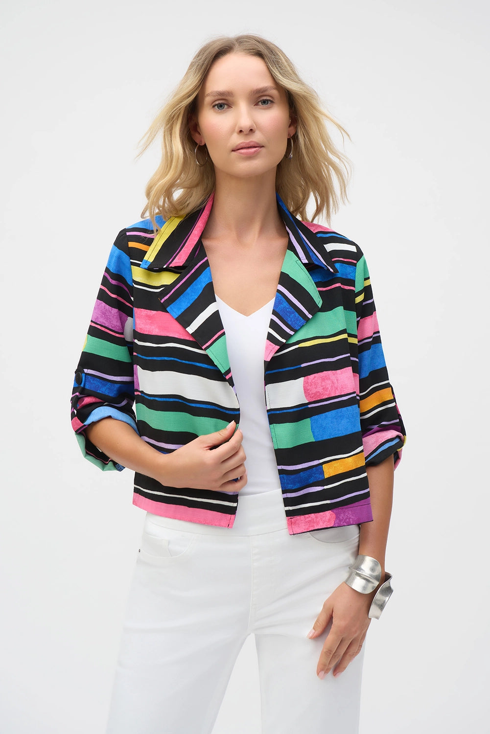 Joseph Ribkoff Gauze Stripe Print Short Boxy Blazer 252215
