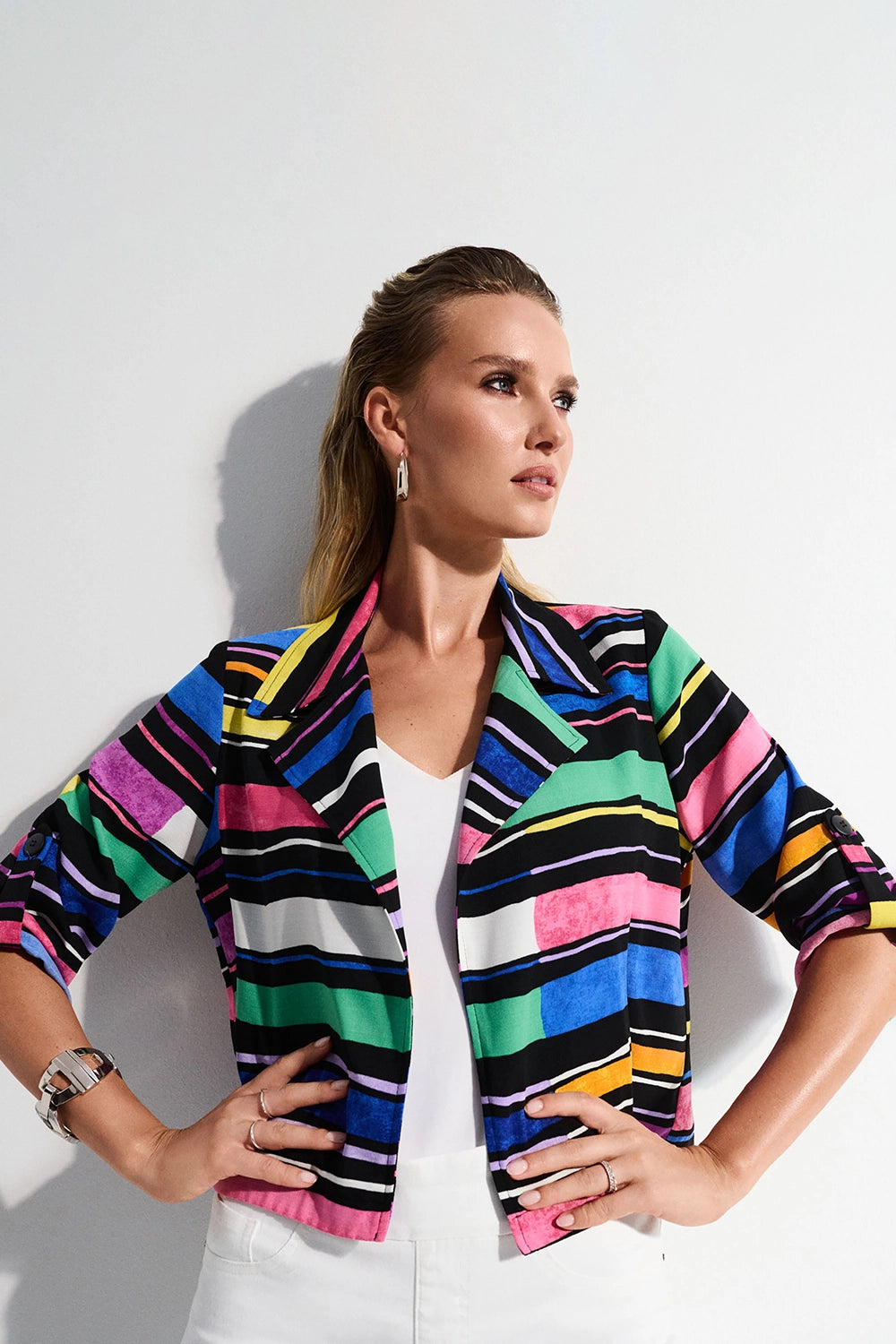 Joseph Ribkoff Gauze Stripe Print Short Boxy Blazer 252215