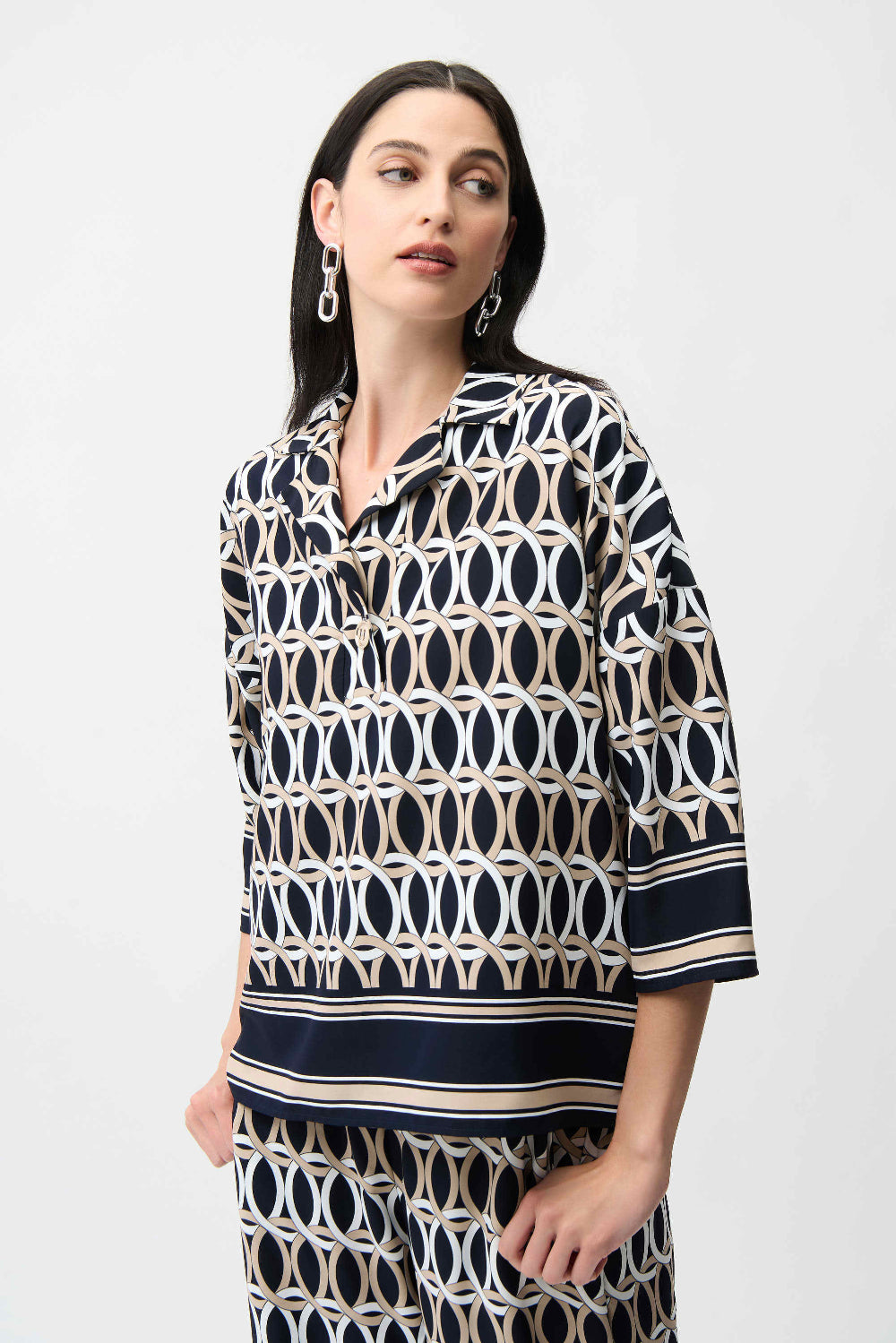 Joseph RIbkoff Recycled Woven Geometric Print Boxy Top With Shirt Collar 261057