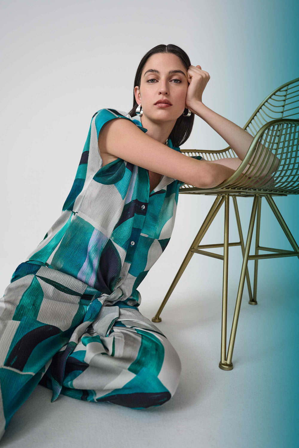 Joseph Ribkoff Textured Satin Geometric Print Boxy Top With Front Ties 261065