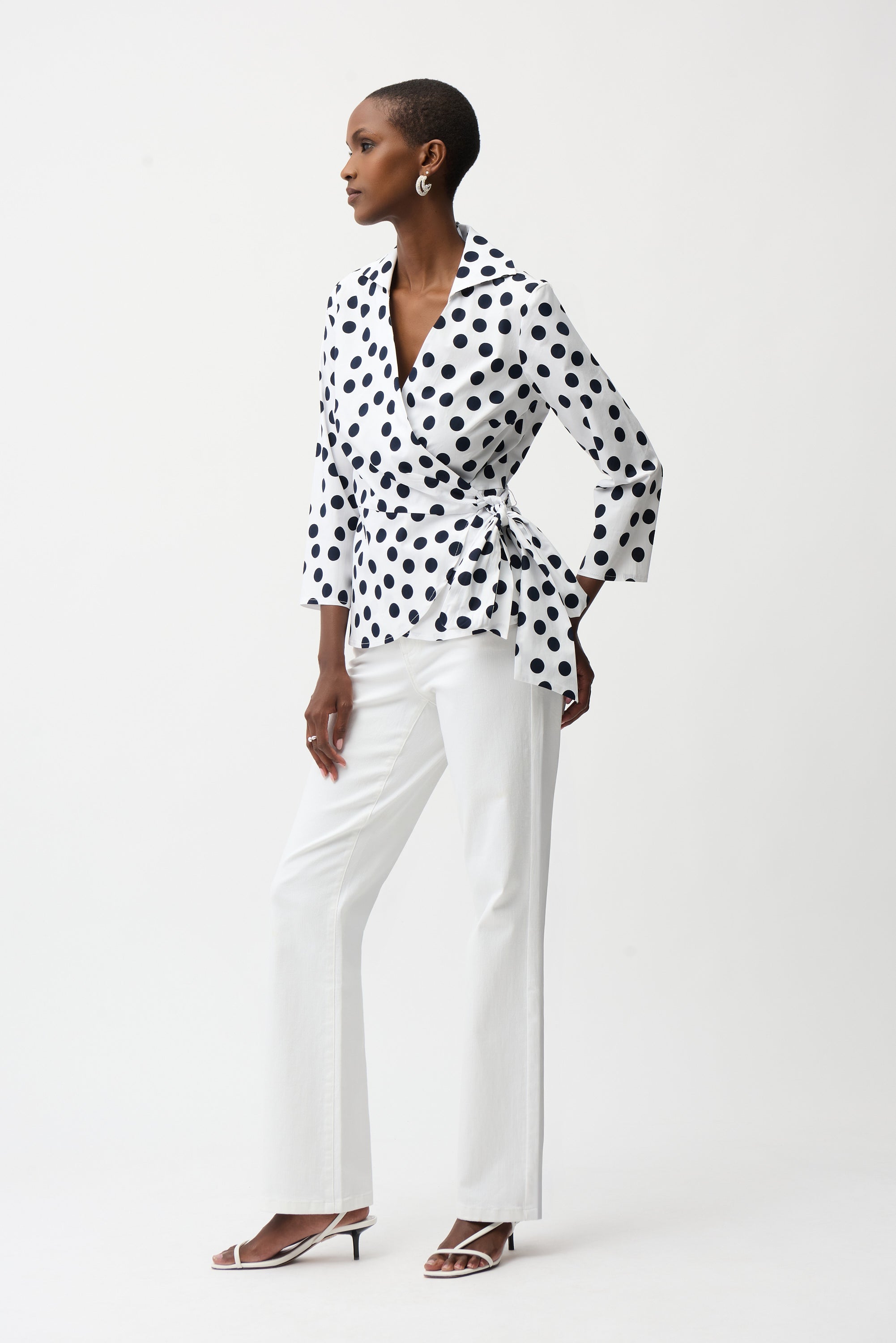 Joseph Ribkoff Stretch Cotton Dot Print Wrap Top With Sash 261118