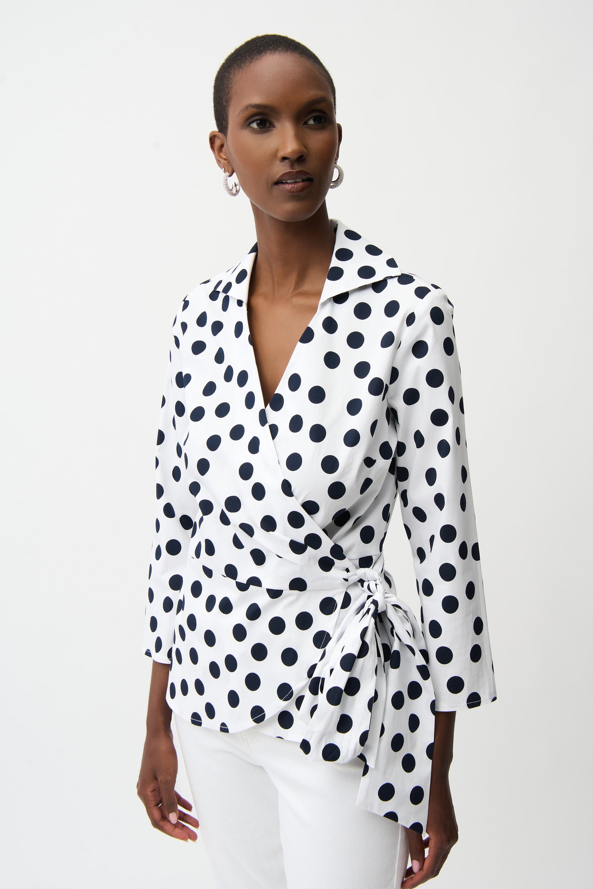 Joseph Ribkoff Stretch Cotton Dot Print Wrap Top With Sash 261118