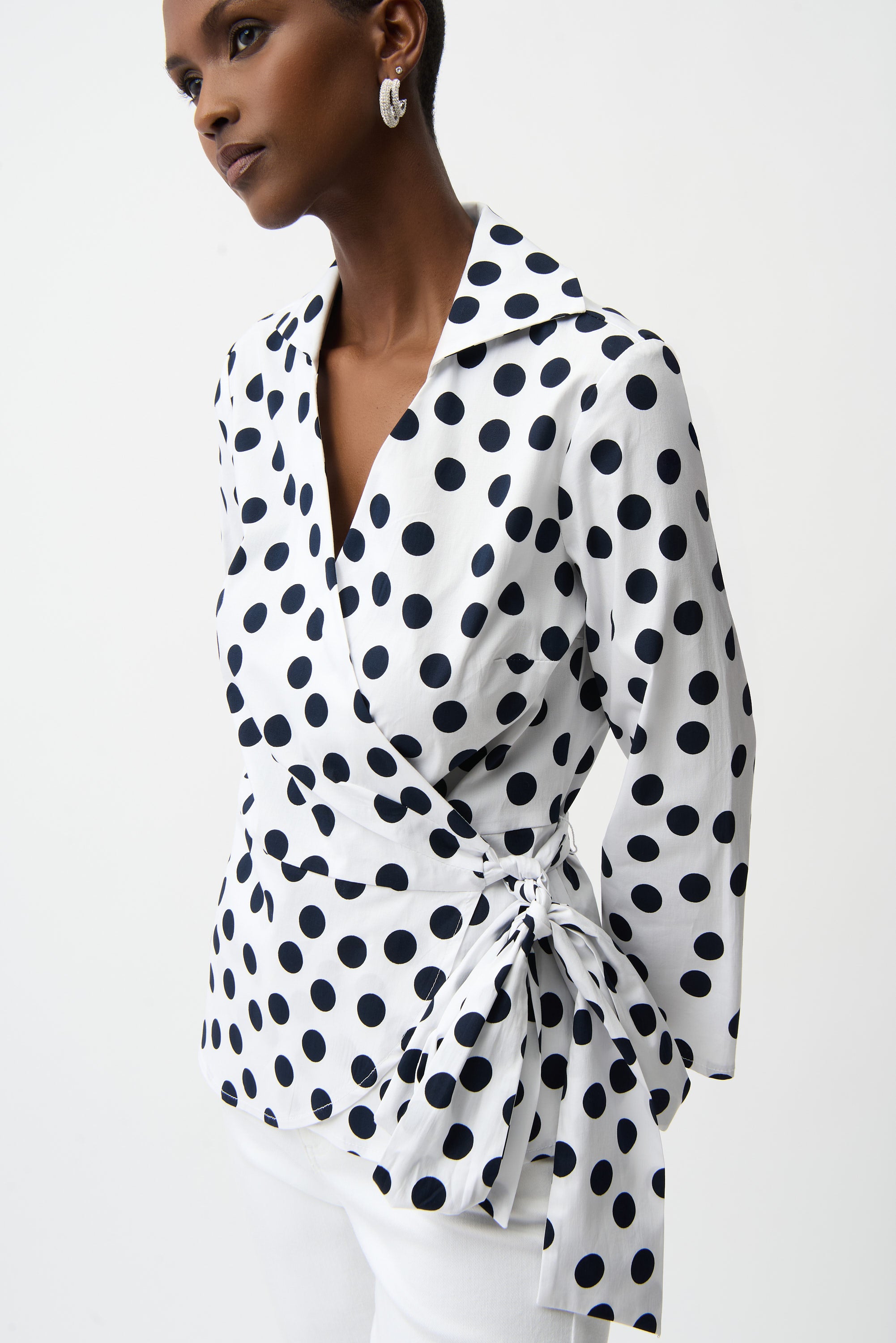 Joseph Ribkoff Stretch Cotton Dot Print Wrap Top With Sash 261118