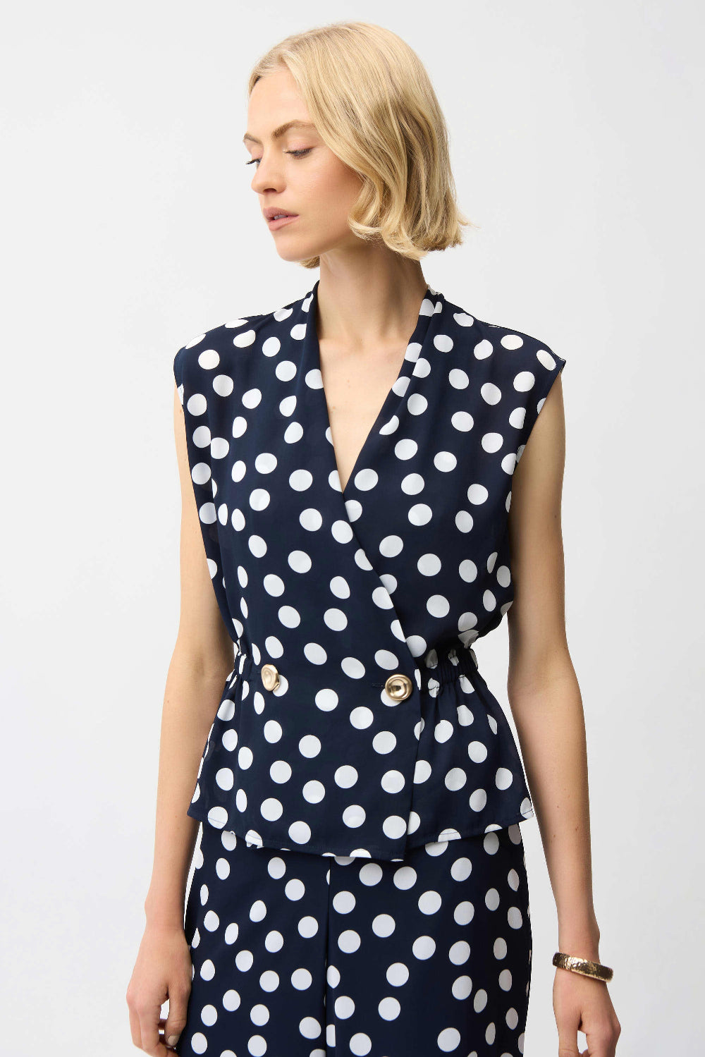 Joseph Ribkoff Georgette Dot Print Wrap Peplum Top With Gold Buttons 261250