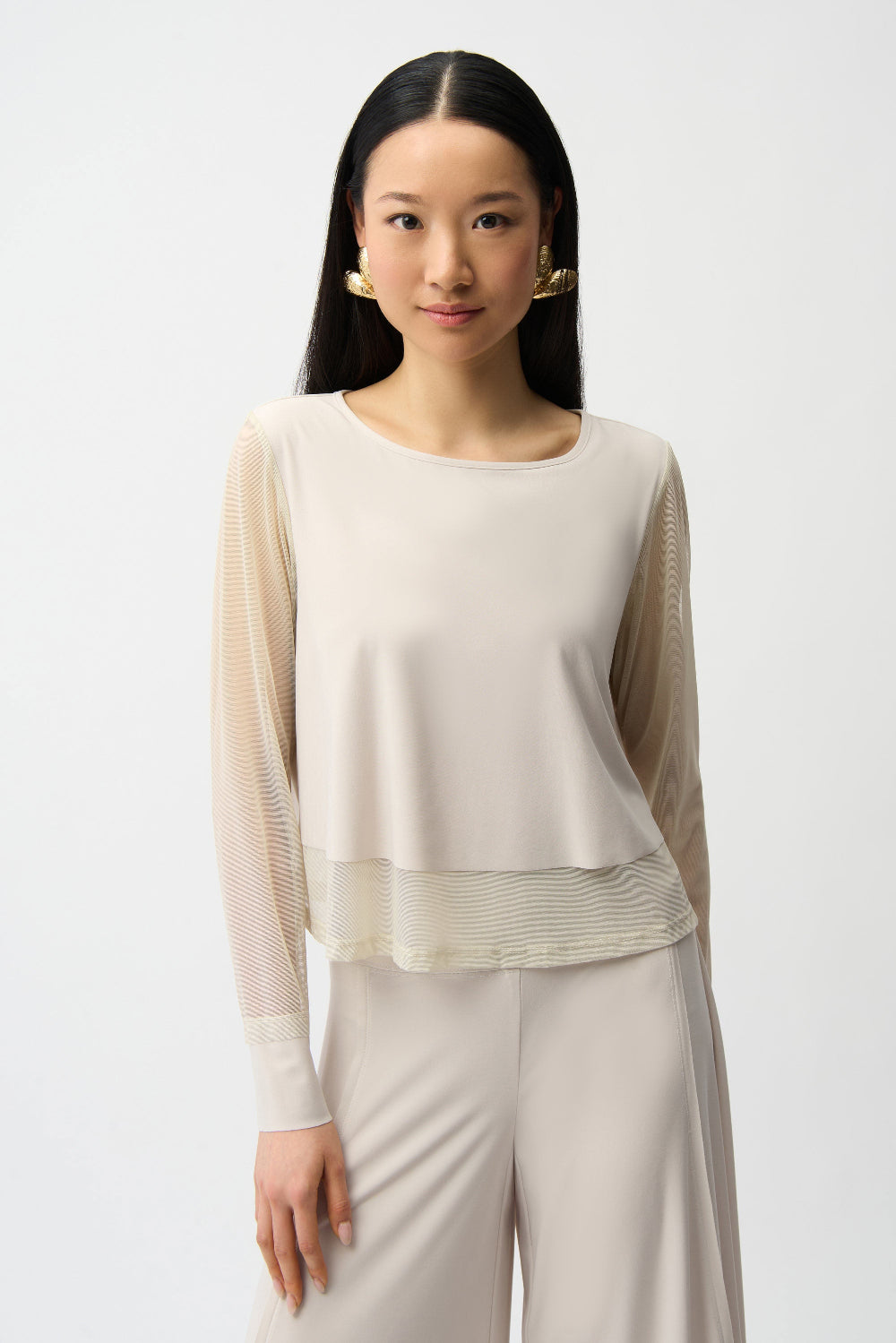 Joseph Ribkoff Silky Knit Crewneck Top With Mesh Sleeves and Layered Lining 261278