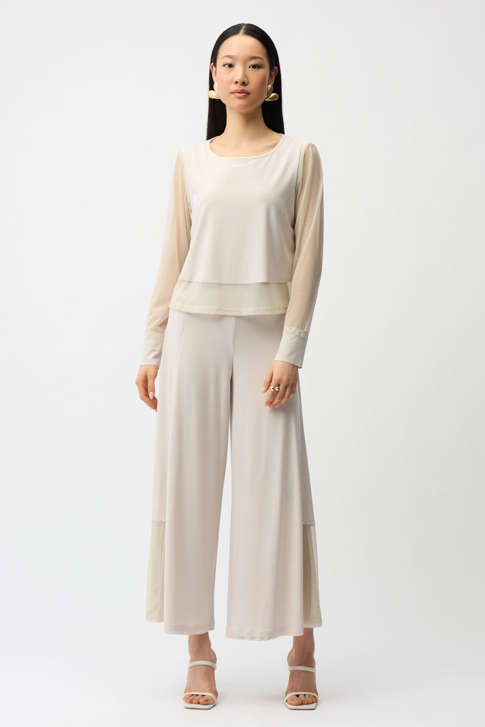 Joseph Ribkoff Silky Knit Crewneck Top With Mesh Sleeves and Layered Lining 261278