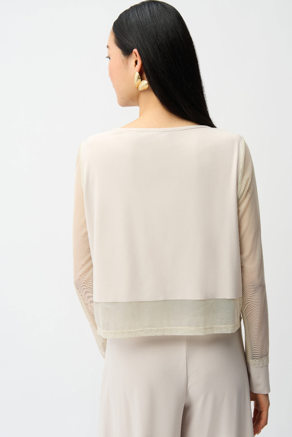 Joseph Ribkoff Silky Knit Crewneck Top With Mesh Sleeves and Layered Lining 261278