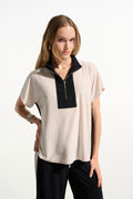 Joseph Ribkoff Silky Knit Color Block Straight Top With Zipped Collar 261611