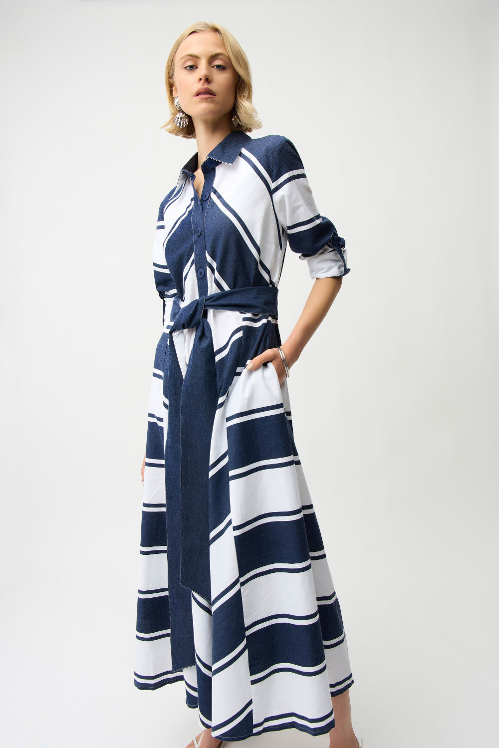 Joseph Ribkoff Cotton Stripe Print Fit and Flare Shirt Dress with Reversible Sash 261936