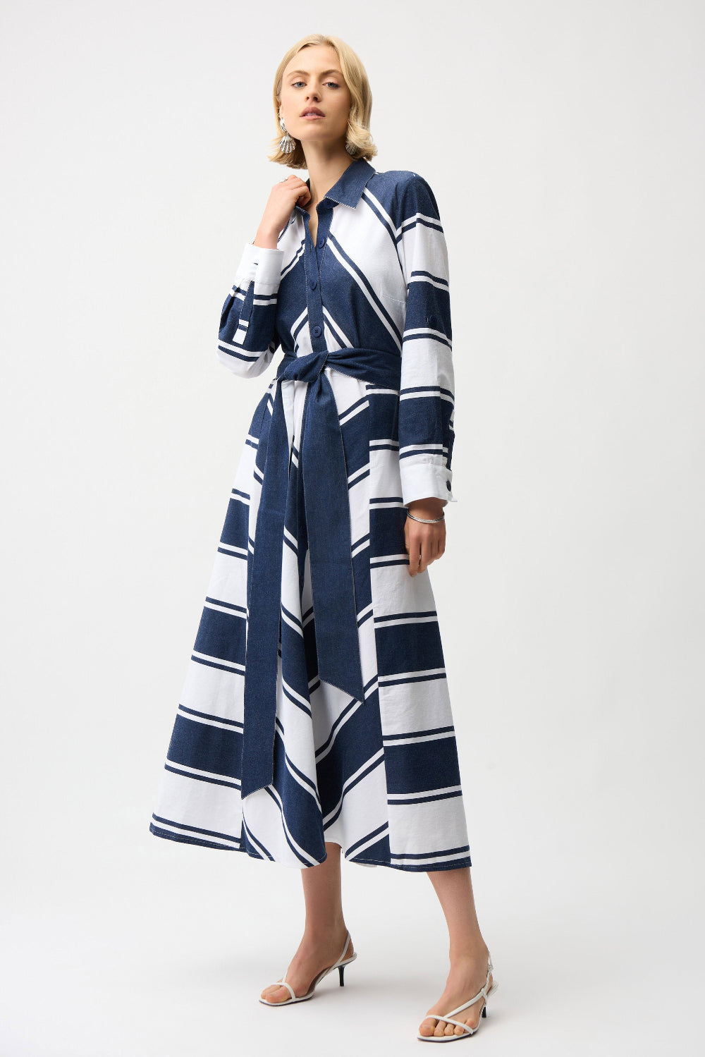Joseph Ribkoff Cotton Stripe Print Fit and Flare Shirt Dress with Reversible Sash 261936