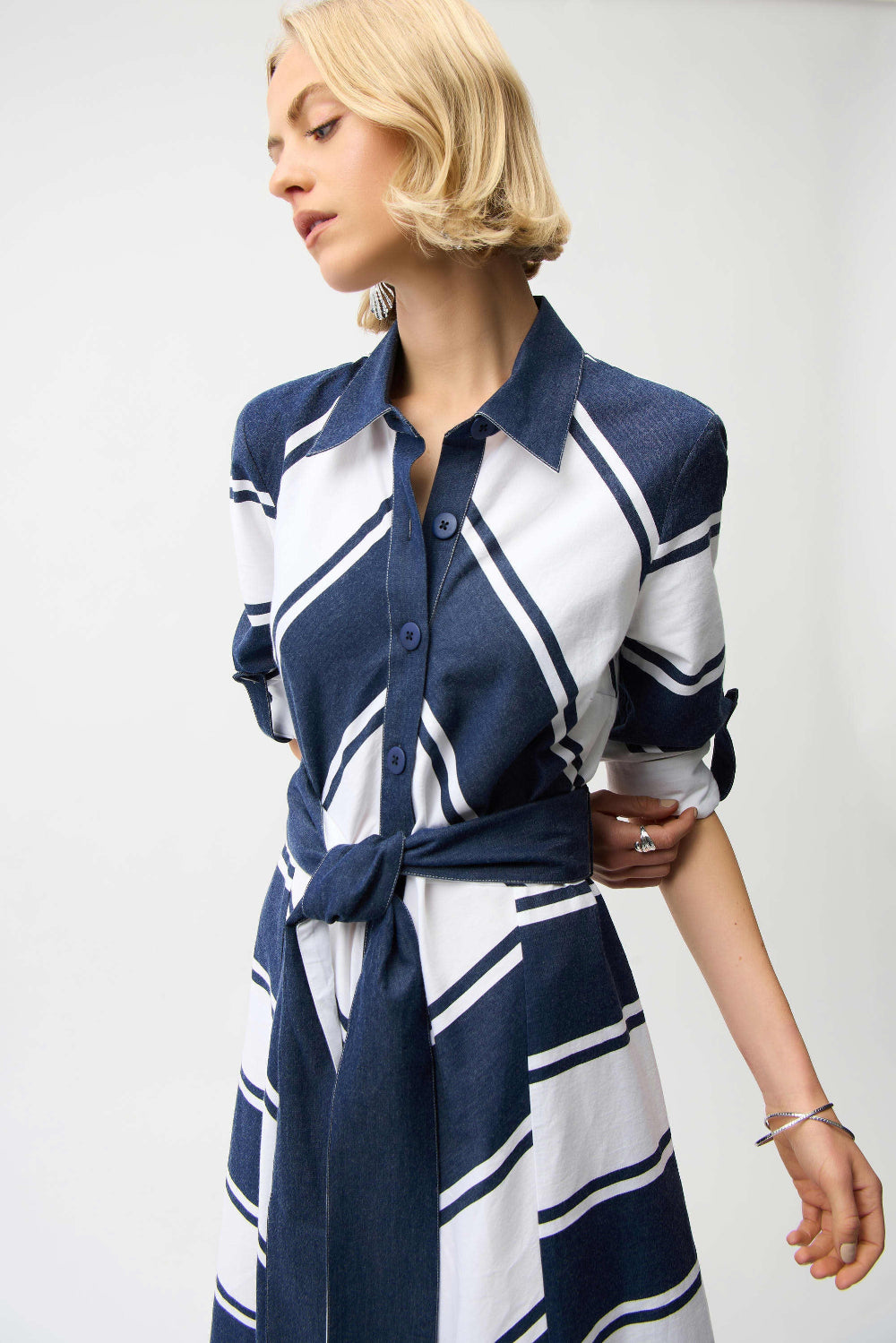 Joseph Ribkoff Cotton Stripe Print Fit and Flare Shirt Dress with Reversible Sash 261936