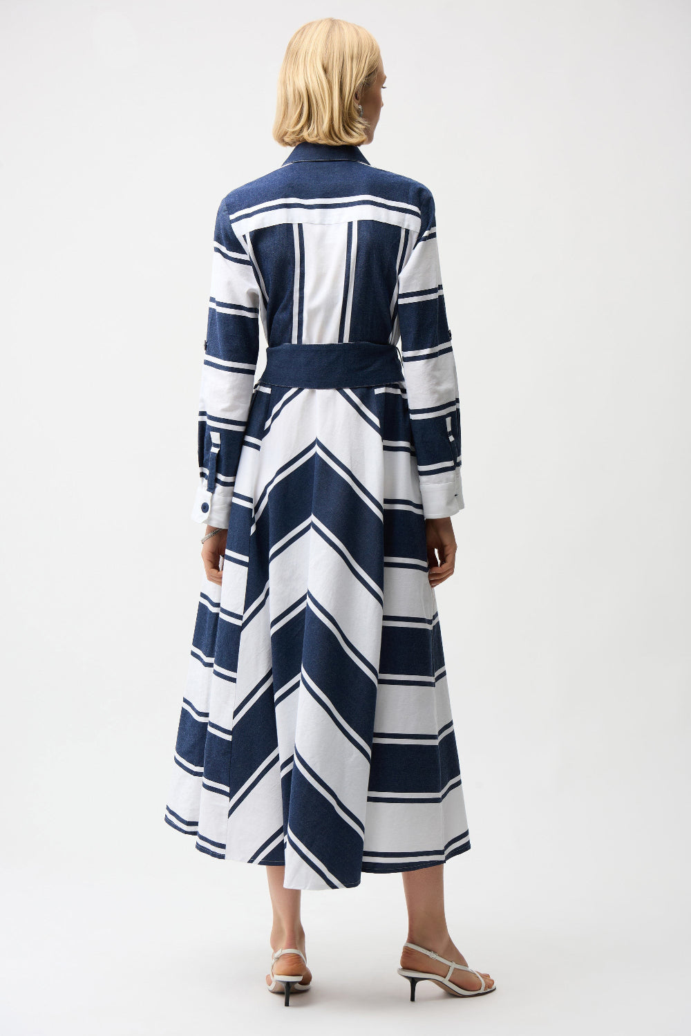 Joseph Ribkoff Cotton Stripe Print Fit and Flare Shirt Dress with Reversible Sash 261936