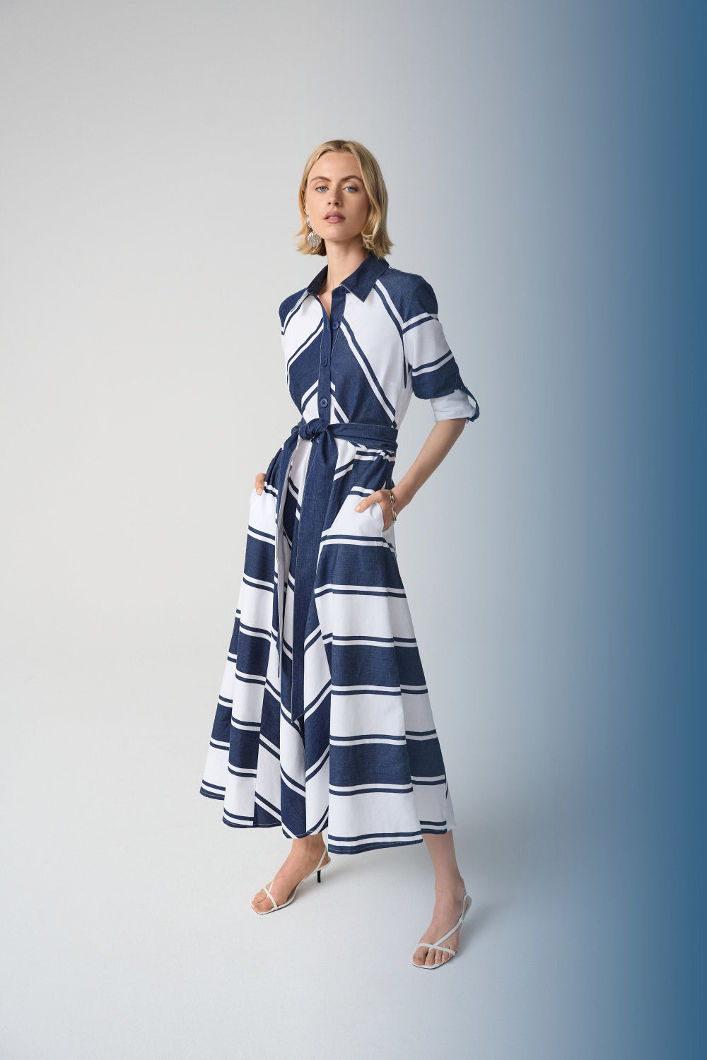Joseph Ribkoff Cotton Stripe Print Fit and Flare Shirt Dress with Reversible Sash 261936