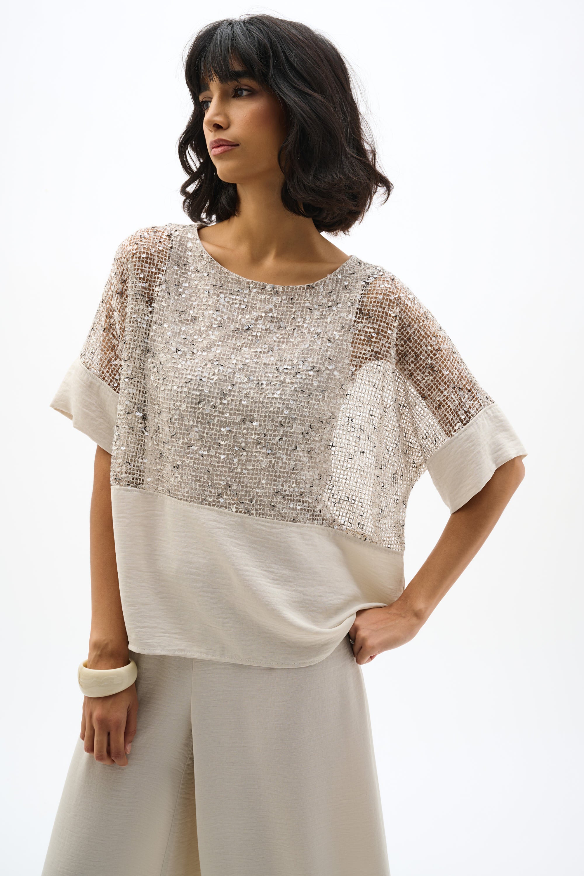 Joseph Ribkoff Sequined Mesh and Gauze Boxy Top 262256