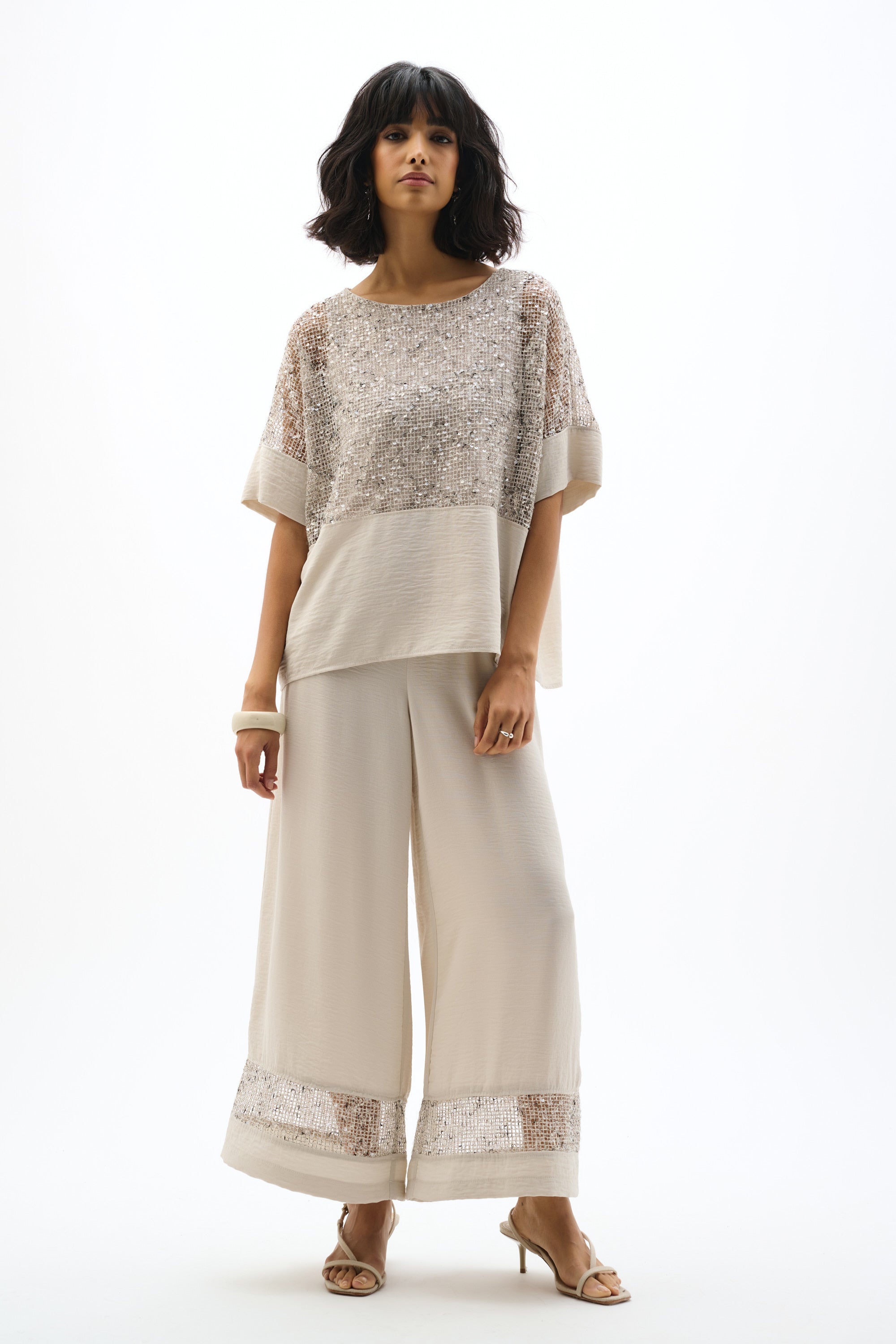 Joseph Ribkoff Sequined Mesh and Gauze Boxy Top 262256