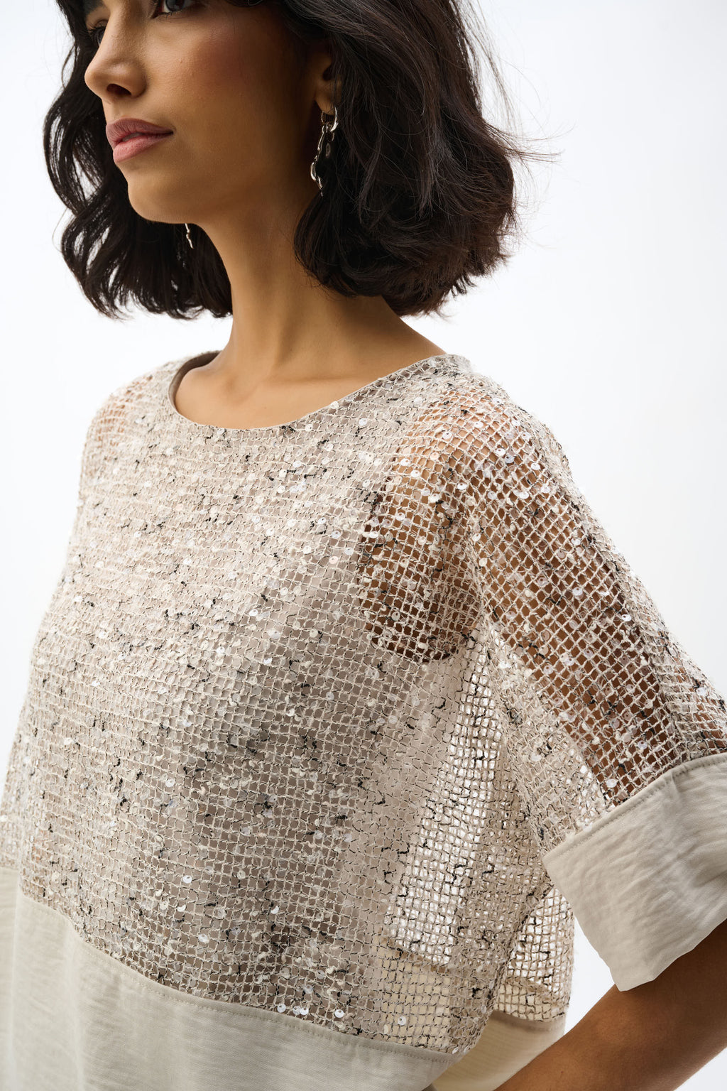 Joseph Ribkoff Sequined Mesh and Gauze Boxy Top 262256