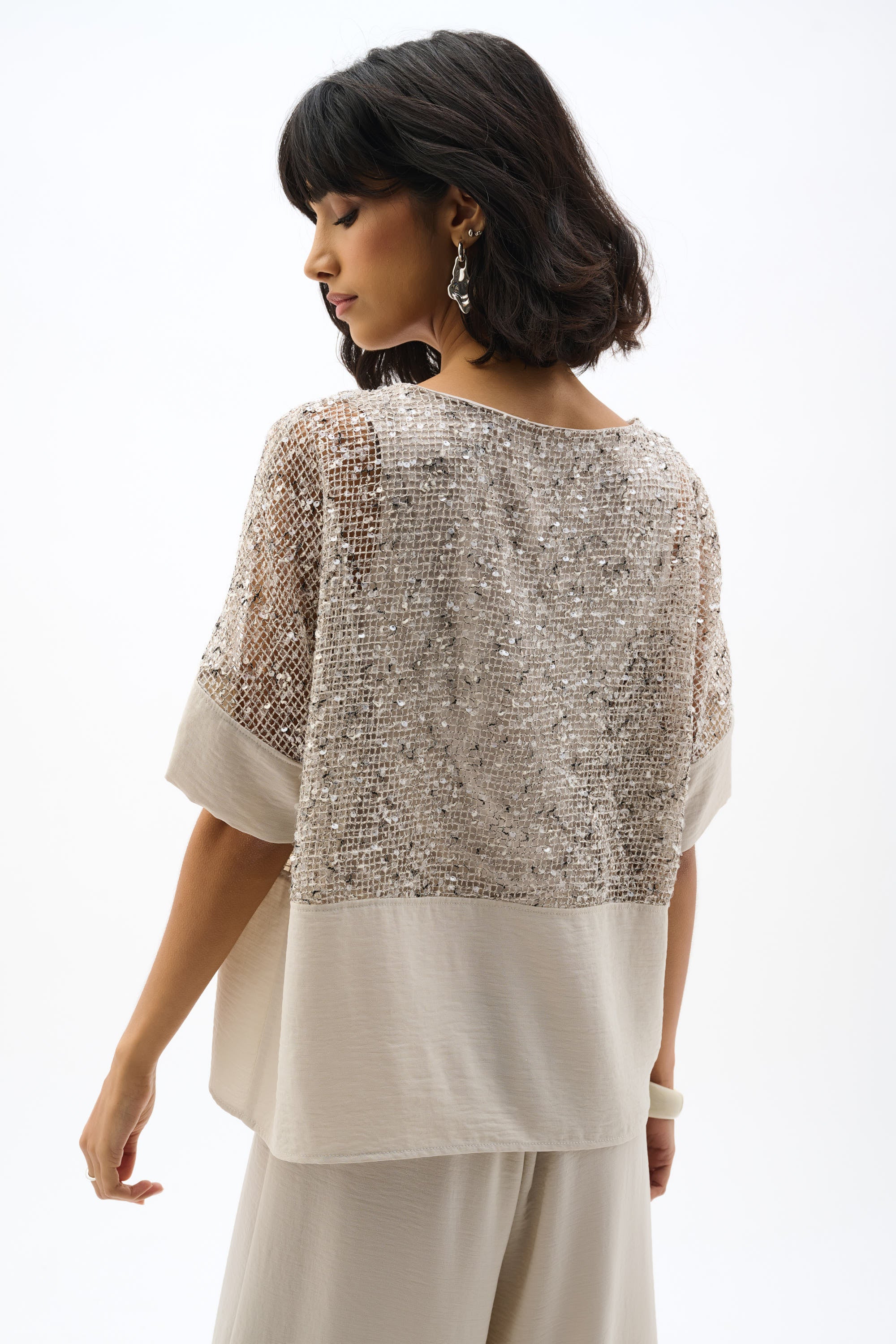 Joseph Ribkoff Sequined Mesh and Gauze Boxy Top 262256