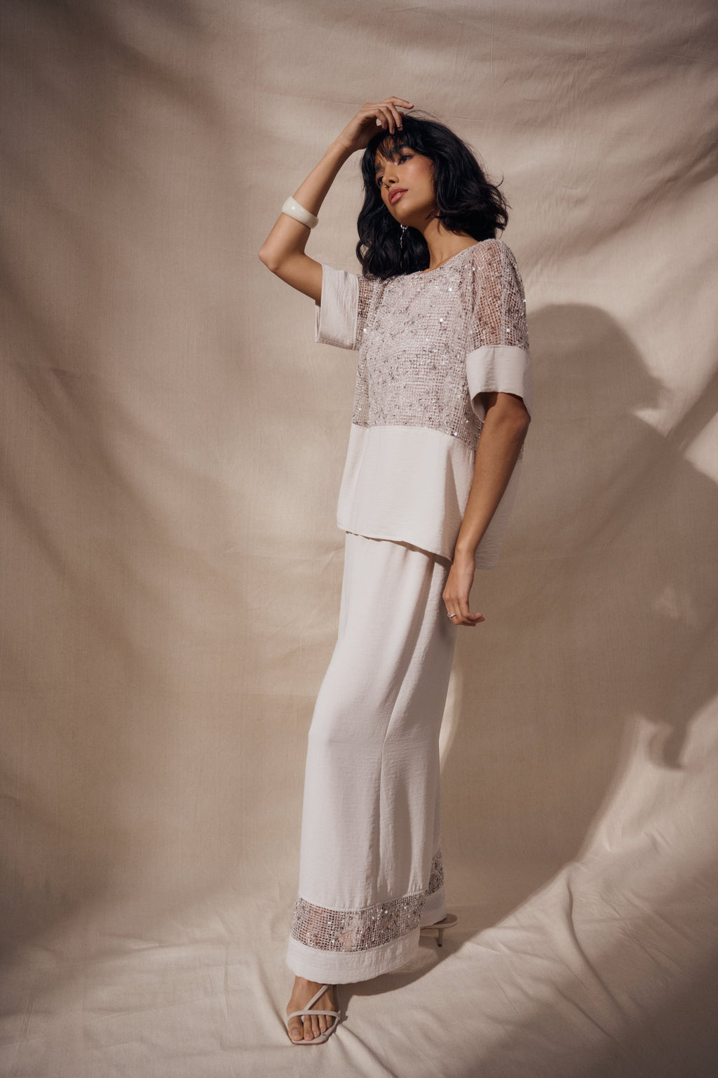 Joseph Ribkoff Sequined Mesh and Gauze Boxy Top 262256