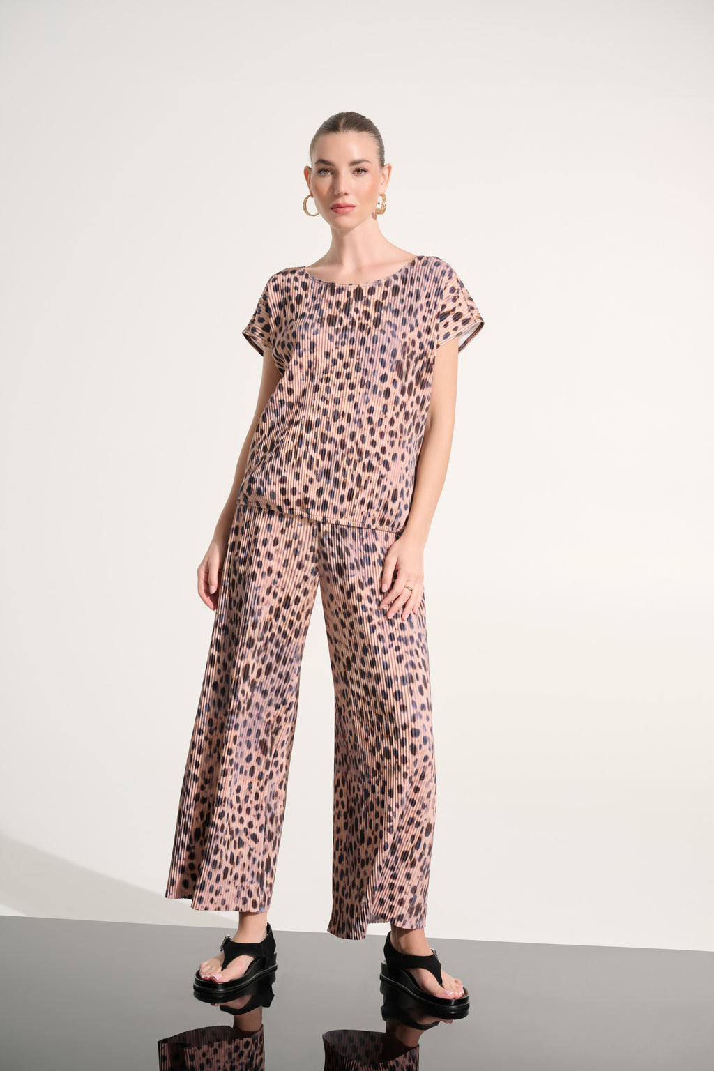 Joseph Ribkoff Pleated Scuba Crepe Animal Print Pull-On Wide Leg Pants 262619