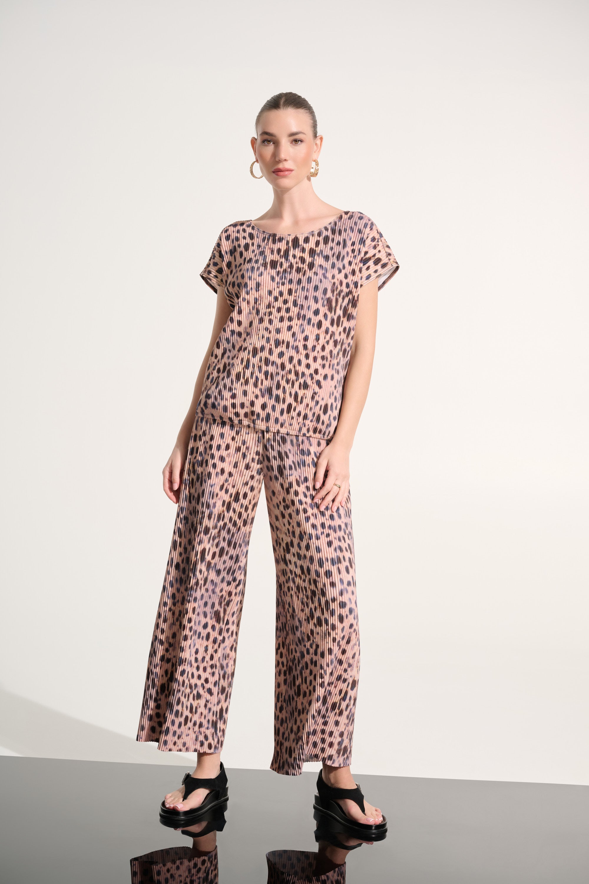 Joseph Ribkoff Pleated Scuba Crepe Animal Print Pull-On Wide Leg Pants 262619