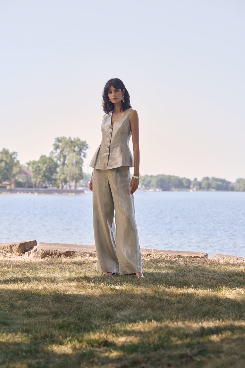 Joseph Ribkoff Foiled Linen Pull-On Wide Leg Pants 262947