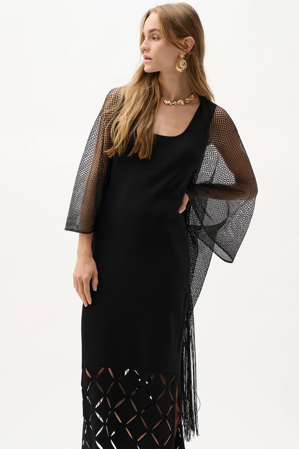 Joseph Ribkoff Woven Open Stitch Draped Cover-Up With Fringe 262973