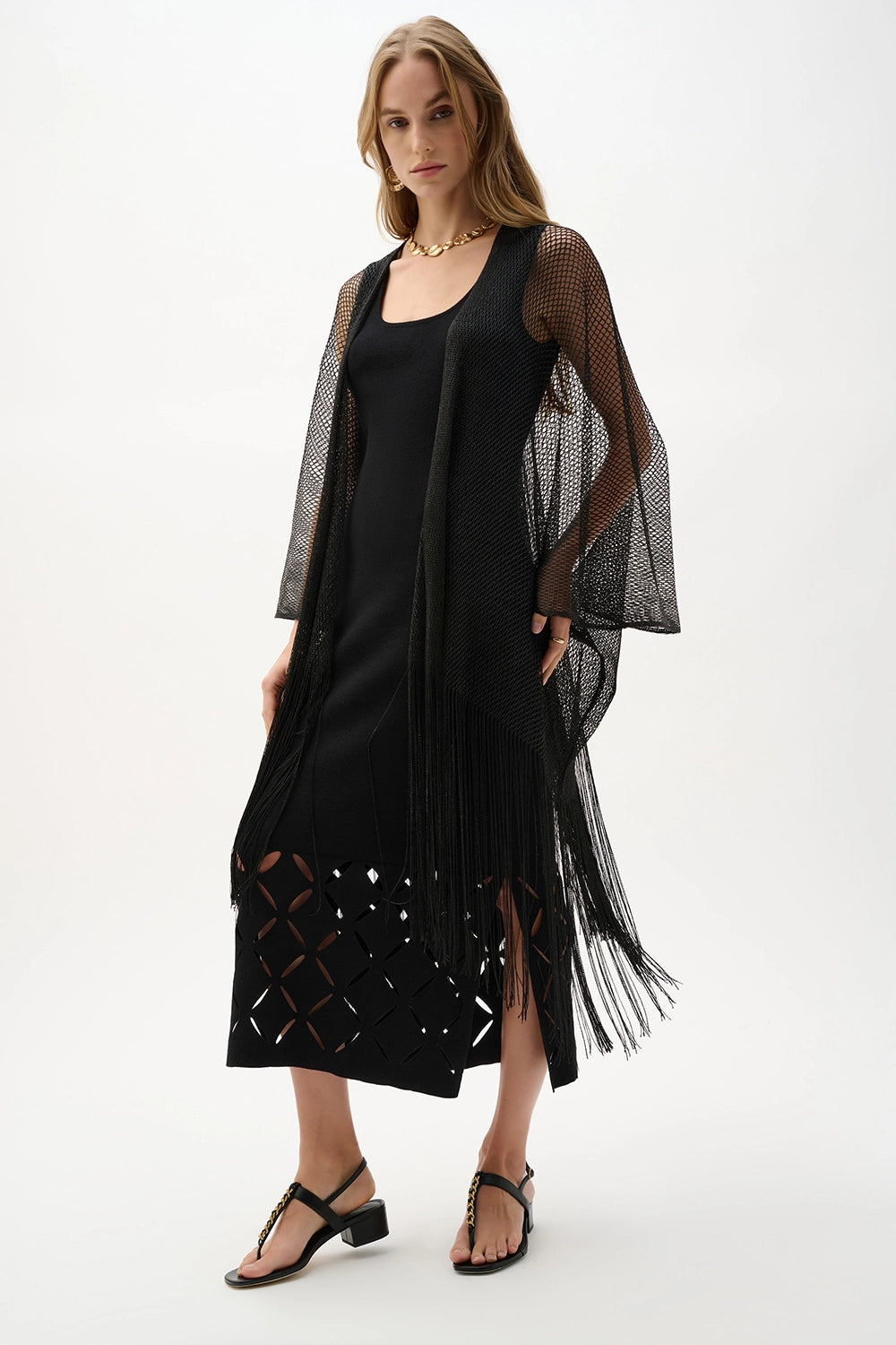 Joseph Ribkoff Woven Open Stitch Draped Cover-Up With Fringe 262973