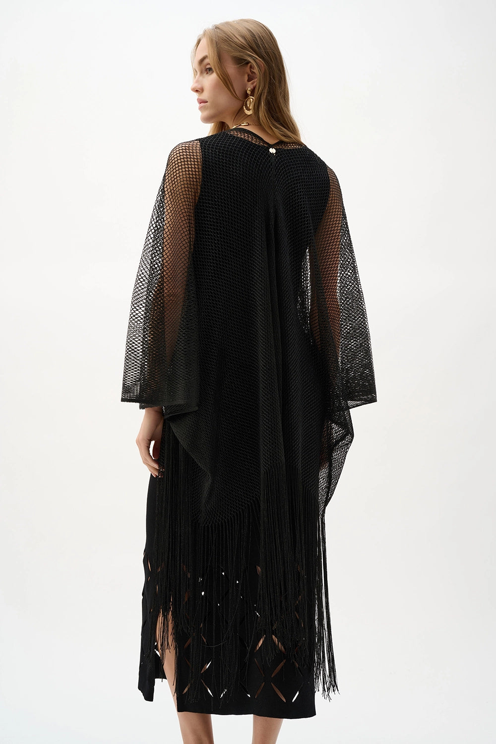 Joseph Ribkoff Woven Open Stitch Draped Cover-Up With Fringe 262973
