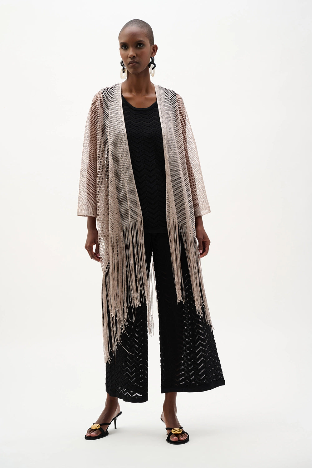 Joseph Ribkoff Woven Open Stitch Draped Cover-Up With Fringe 262973