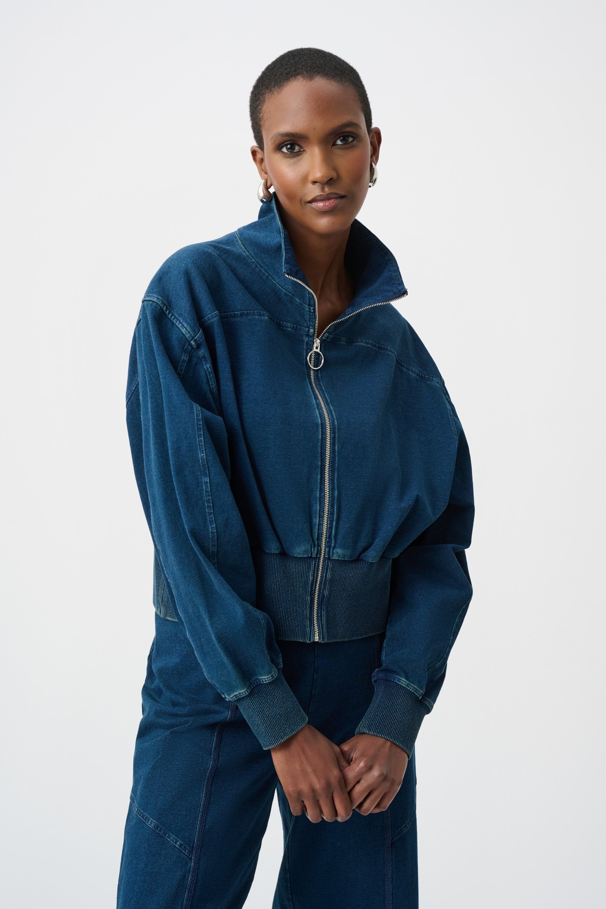 Joseph Ribkoff Knit Denim Funnel-Neck Bomber Jacket 263634