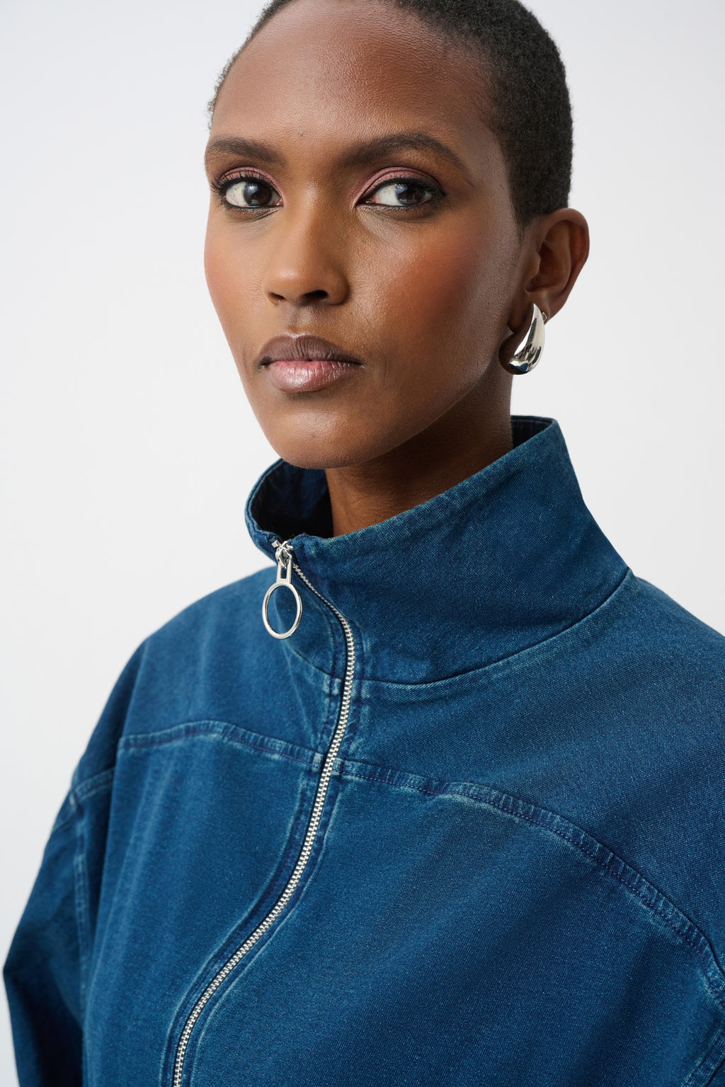 Joseph Ribkoff Knit Denim Funnel-Neck Bomber Jacket 263634