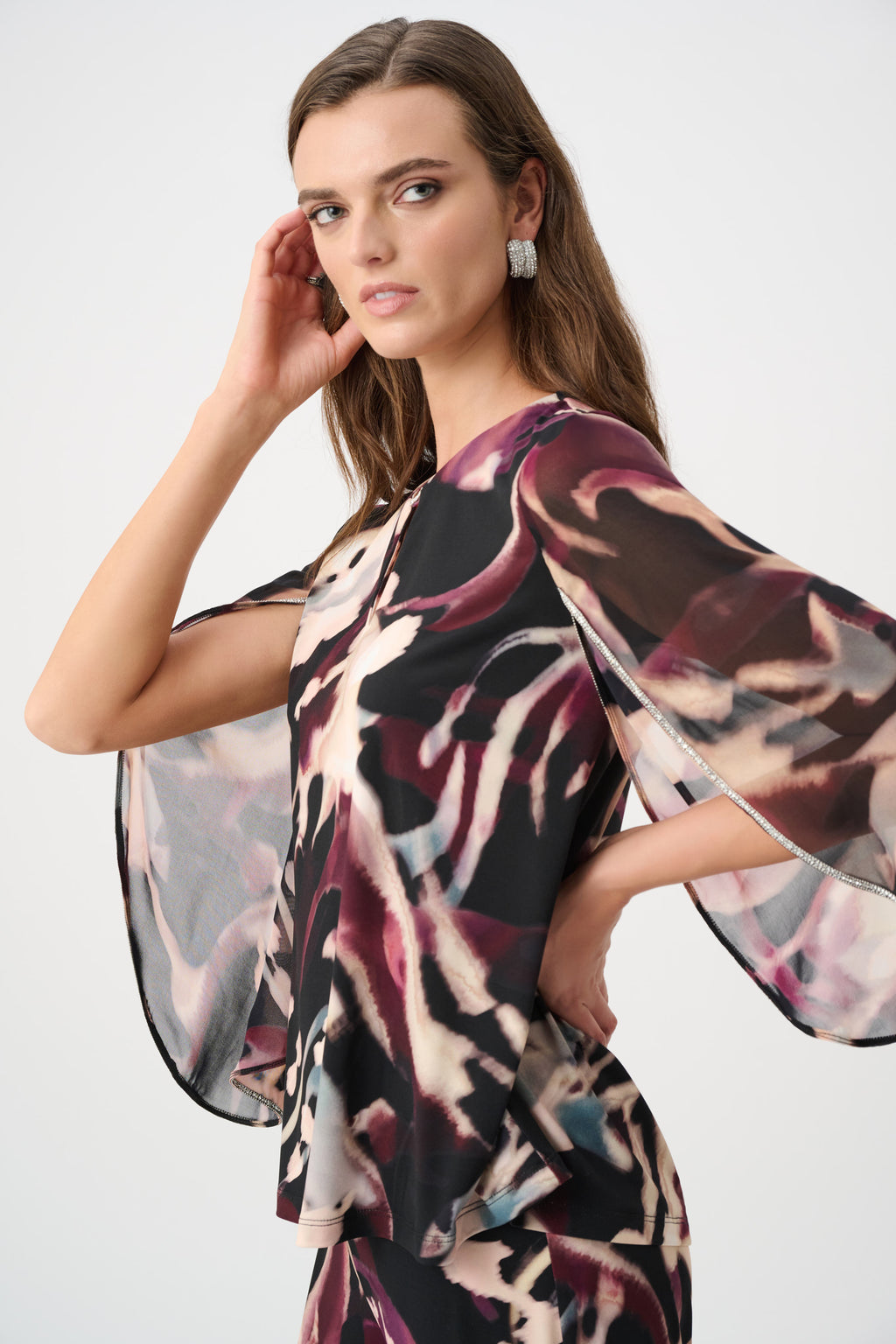 Joseph Ribkoff Signature | Silky Knit And Chiffon Abstract Print Top With Rhinestone Trim 263757