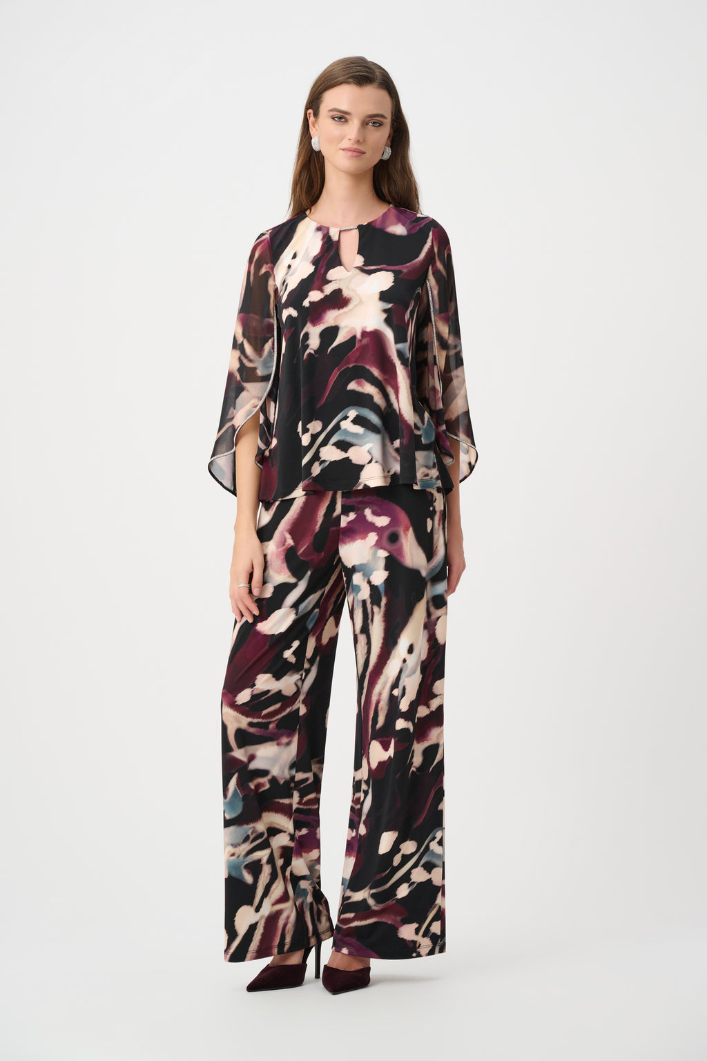 Joseph Ribkoff Signature | Silky Knit And Chiffon Abstract Print Top With Rhinestone Trim 263757