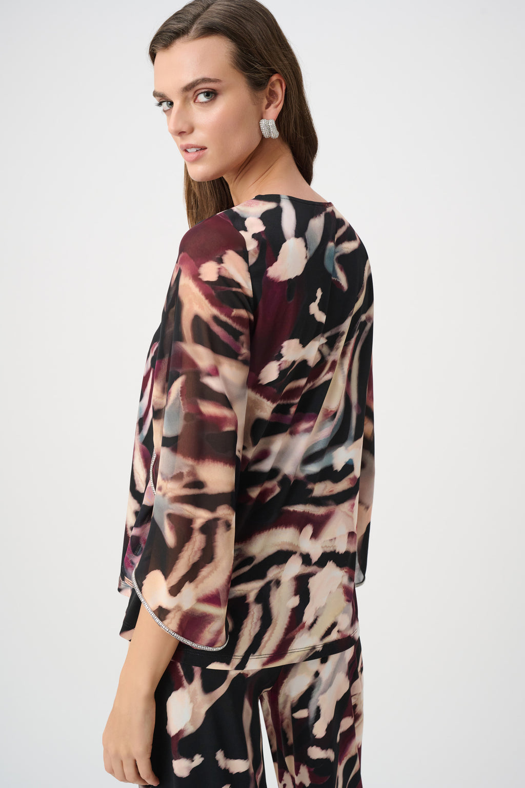 Joseph Ribkoff Signature | Silky Knit And Chiffon Abstract Print Top With Rhinestone Trim 263757